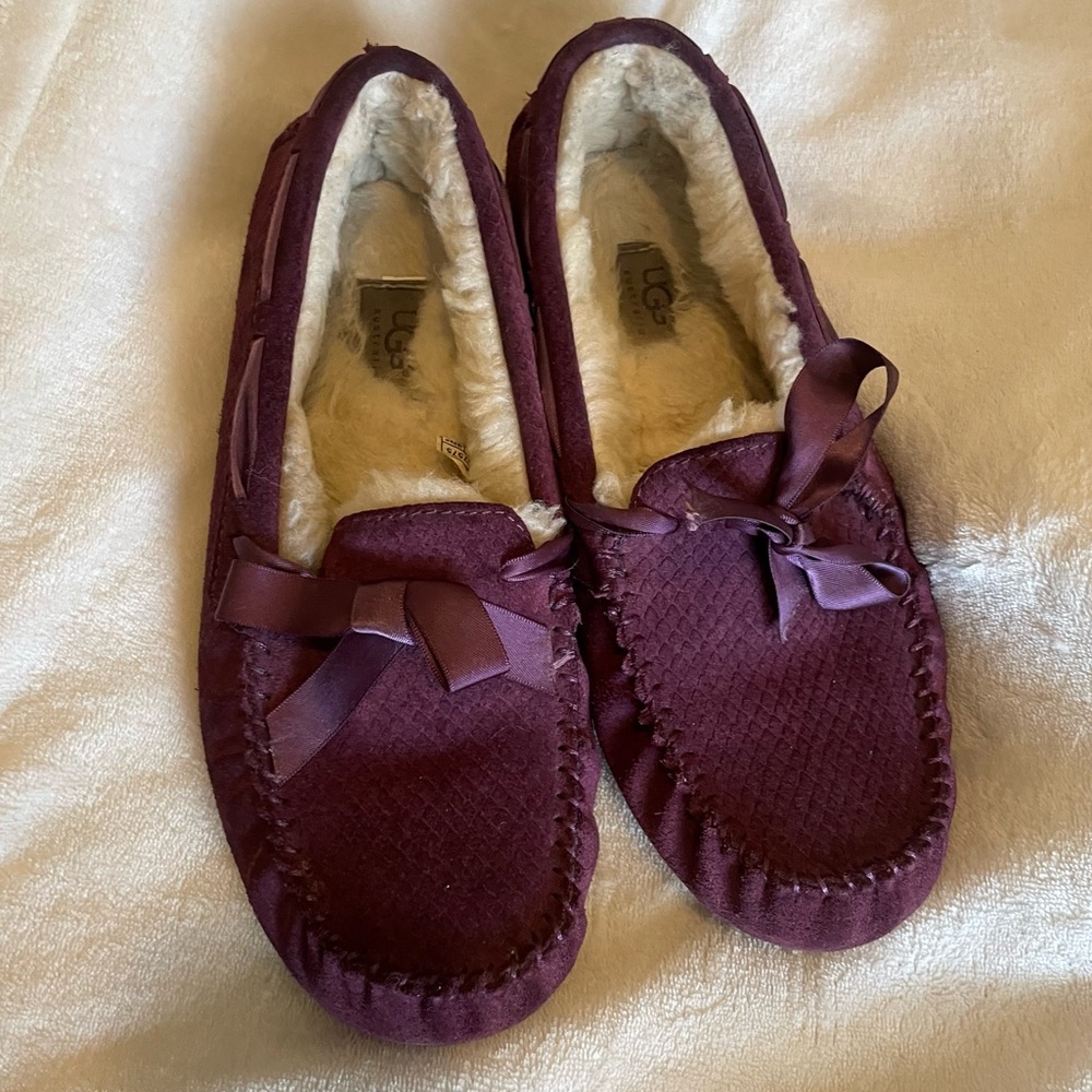 Burgundy Ugg Sheepskin Suede Moccasin Slippers with Bow 🎀